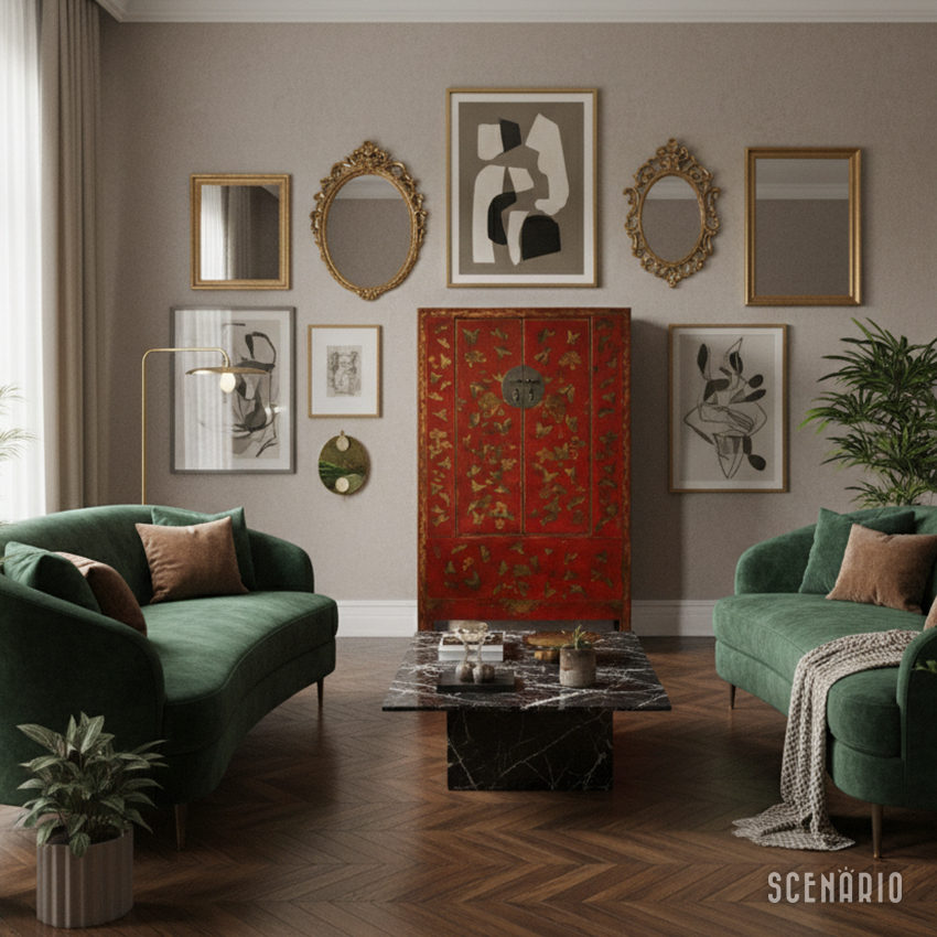 mobile-cinese-shanxi-soggiorno-moderno.jpg Rendering di un mobile cinese Shanxi in un soggiorno moderno con divani in velluto verde, tavolino in marmo nero e parete di quadri e specchi.