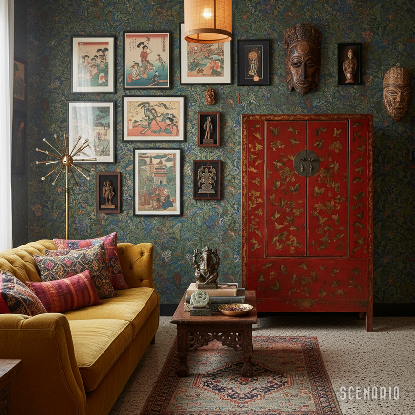 mobile-cinese-shanxi-studio-bohemien.jpg Mobile cinese Shanxi in uno studio bohémien con divano in velluto giallo, pareti verdi decorate con maschere africane e stampe orientali.