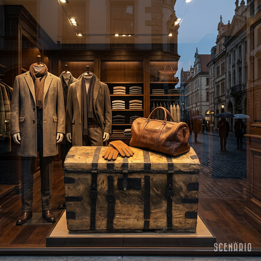 allestimento-vetrina-lusso-baule-antico-settecento.jpg Esempio di allestimento per una vetrina di alta moda con baule da viaggio antico del Settecento utilizzato come espositore per accessori in pelle e borse artigianali, in un contesto di design classico ed elegante.