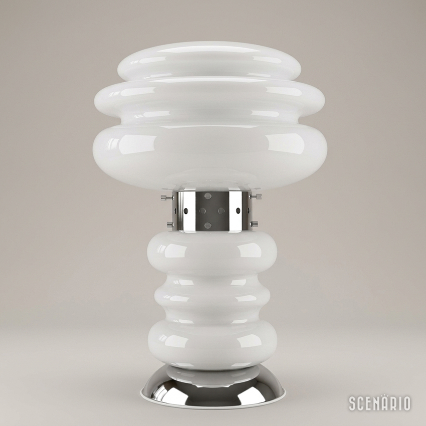 lampada-carlo-nason-mazzega-spenta.jpg Lampada da tavolo vintage di Carlo Nason per Mazzega in vetro di Murano spenta, dettaglio design Space Age.